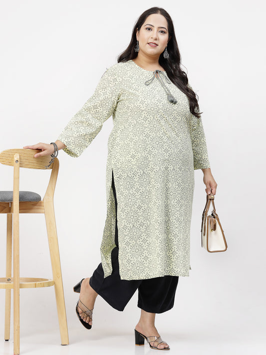 Women Plus Size Yellow Handblock Printed Tie-Up Neck Kurta - Kashyap Global Lifestyles LLP