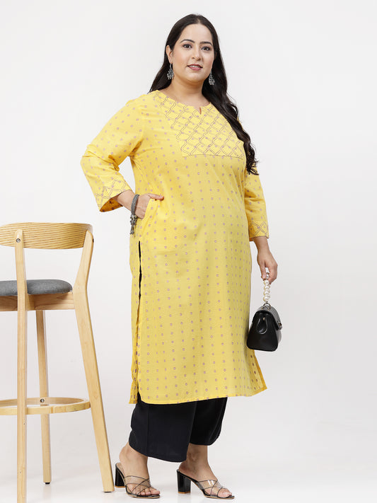 Women Plus Size Mustard Kurta With Embroidered Yoke - Kashyap Global Lifestyles LLP