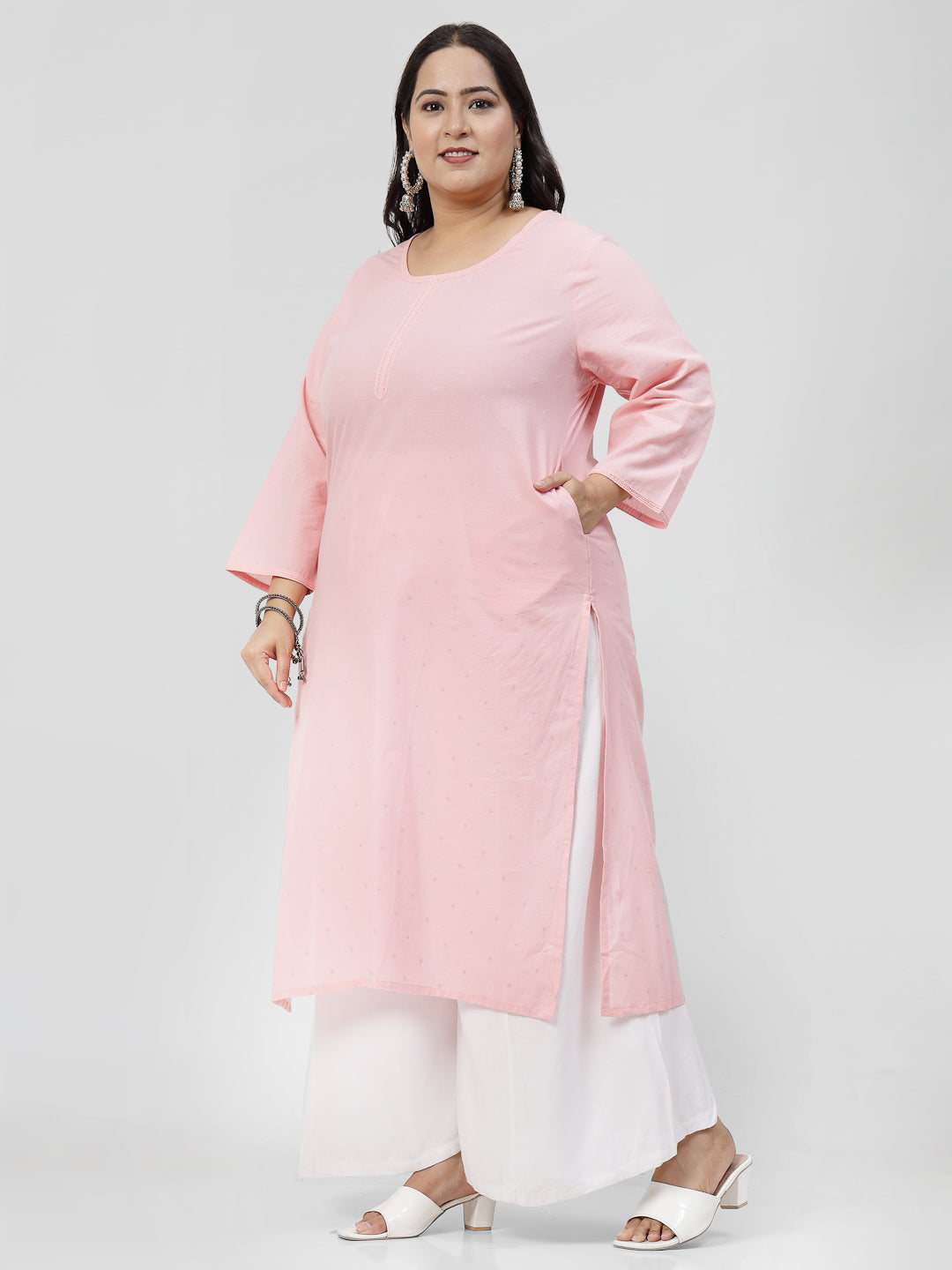 Women Pink Plus Size Swiss-Dot Kurta With Lace - Kashyap Global Lifestyles LLP