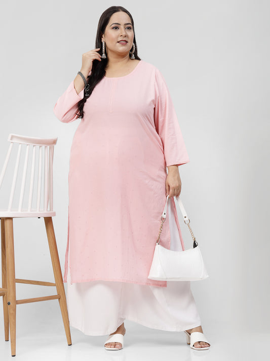 Women Pink Plus Size Swiss-Dot Kurta With Lace - Kashyap Global Lifestyles LLP