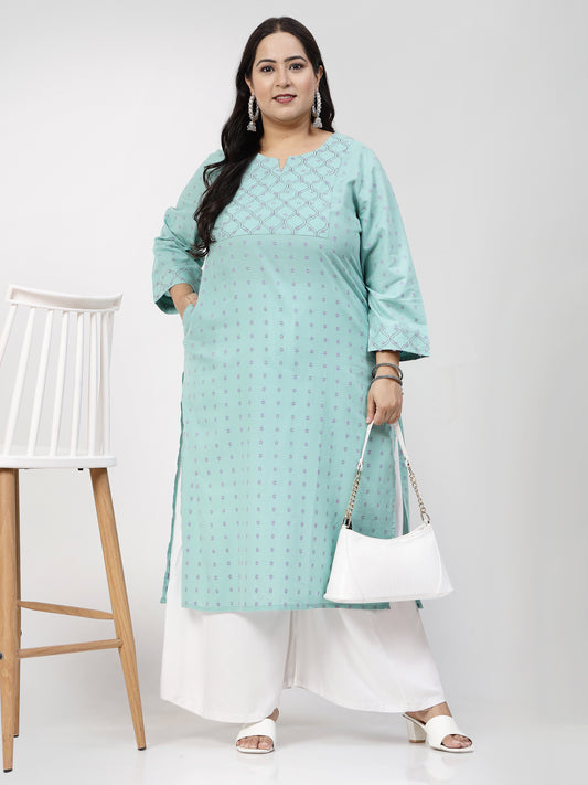 Women Plus Size Sea Green Kurta With Embroidered Yoke - Kashyap Global Lifestyles LLP
