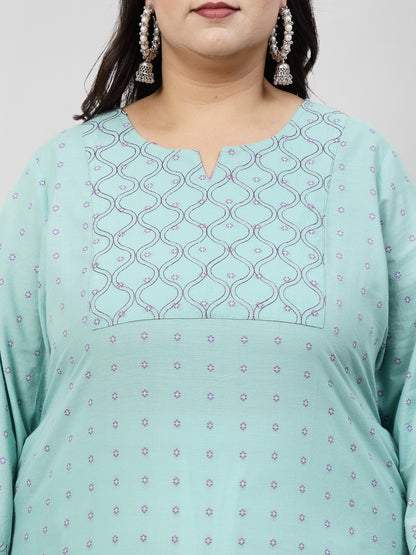 Women Plus Size Sea Green Kurta With Embroidered Yoke - Kashyap Global Lifestyles LLP