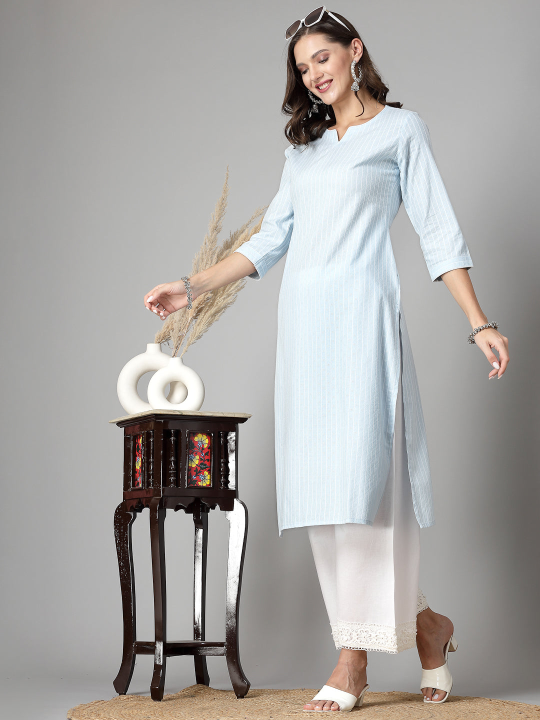 Women Sky Blue Striped Yarn-Dyed Kurta - Kashyap Global Lifestyles LLP