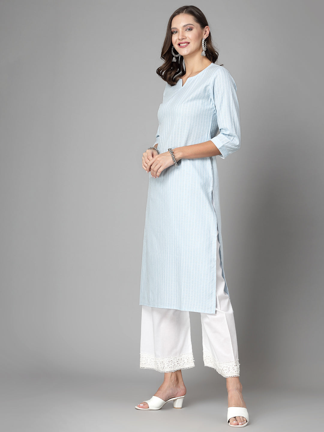 Women Sky Blue Striped Yarn-Dyed Kurta - Kashyap Global Lifestyles LLP