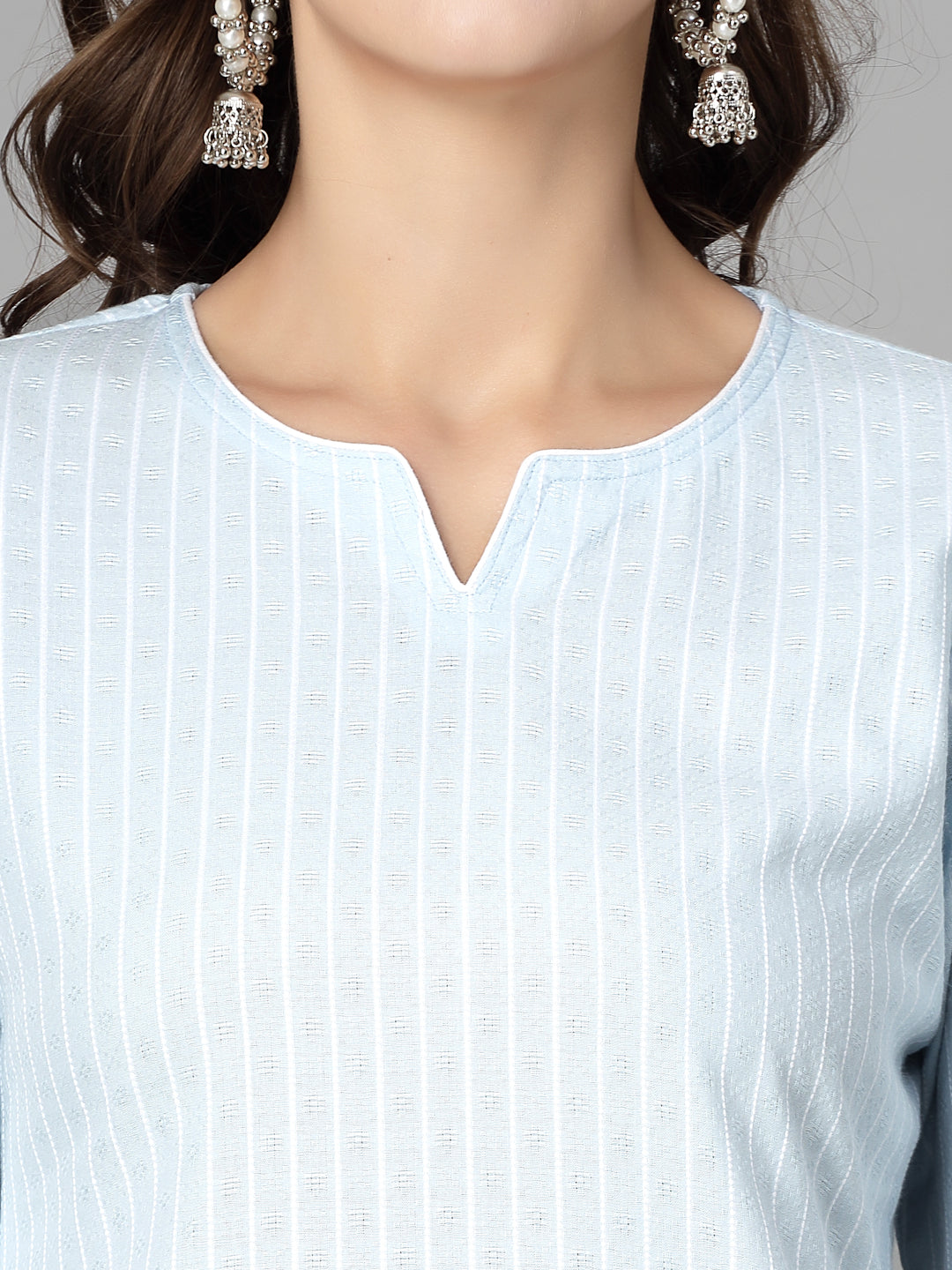 Women Sky Blue Striped Yarn-Dyed Kurta - Kashyap Global Lifestyles LLP