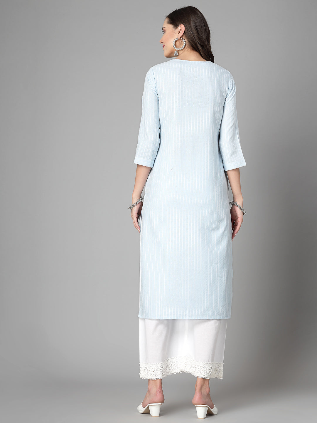 Women Sky Blue Striped Yarn-Dyed Kurta - Kashyap Global Lifestyles LLP
