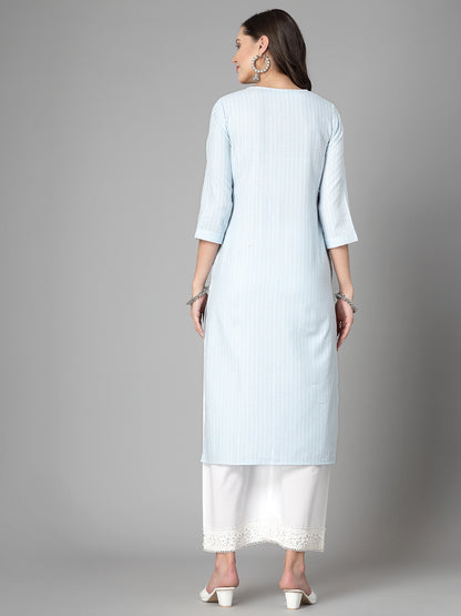 Women Sky Blue Striped Yarn-Dyed Kurta - Kashyap Global Lifestyles LLP