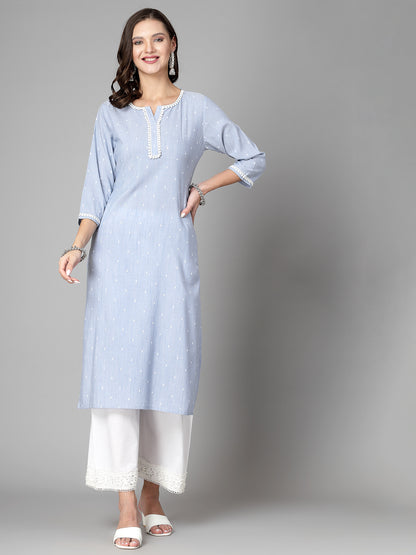 Women Sky Blue Swiss-Dot Kurta With Lace - Kashyap Global Lifestyles LLP