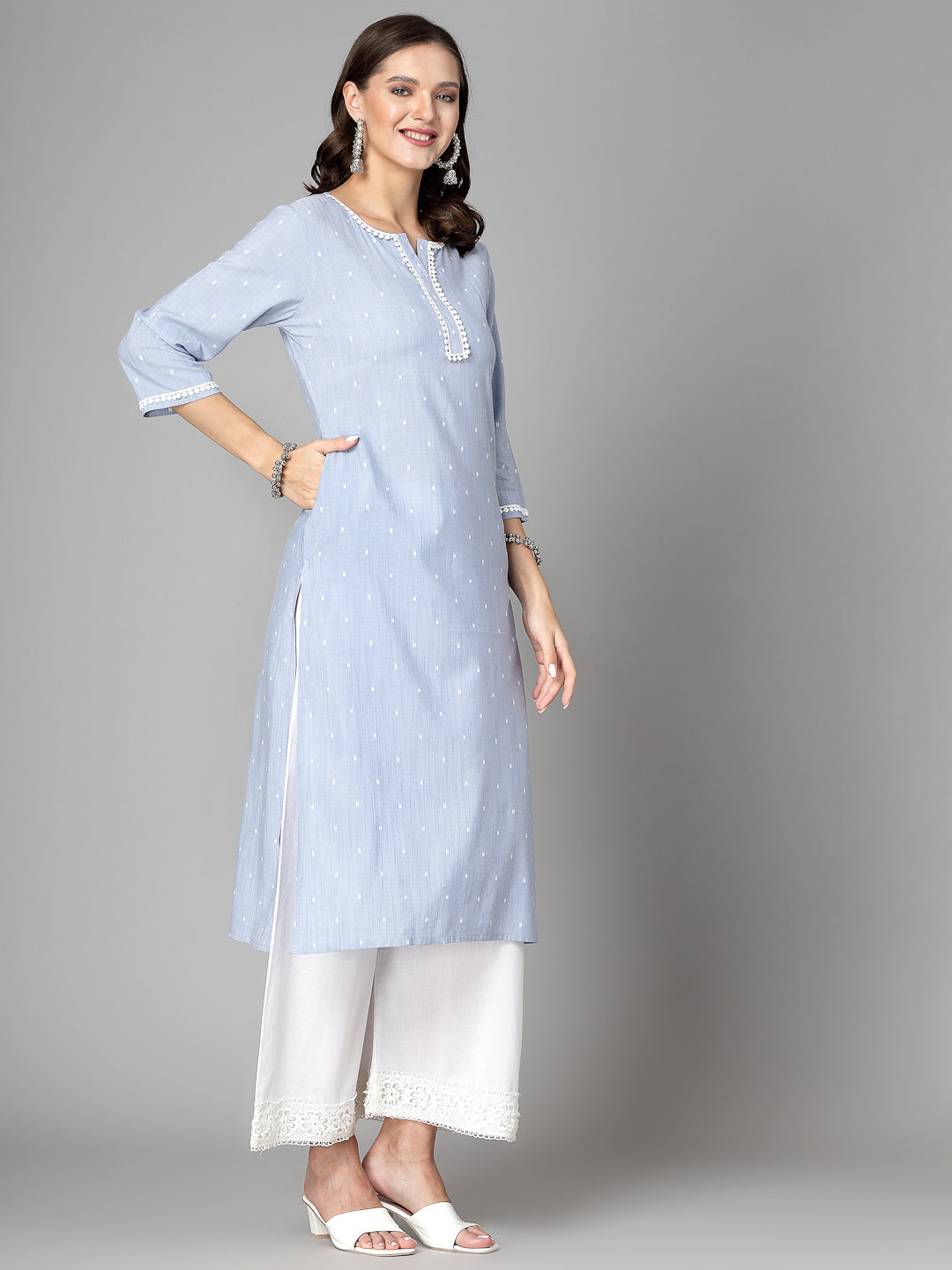 Women Sky Blue Swiss-Dot Kurta With Lace - Kashyap Global Lifestyles LLP