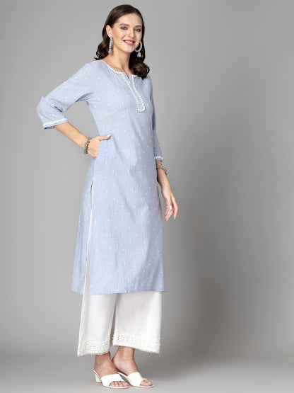 Women Sky Blue Swiss-Dot Kurta With Lace - Kashyap Global Lifestyles LLP