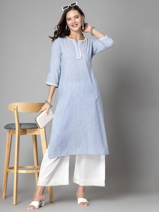 Women Sky Blue Swiss-Dot Kurta With Lace - Kashyap Global Lifestyles LLP
