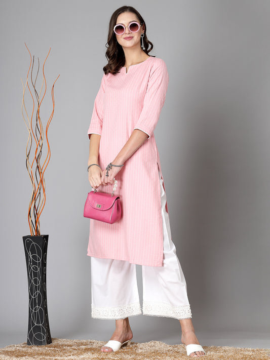 Women Baby Pink Striped Yarn-Dyed Kurta - Kashyap Global Lifestyles LLP