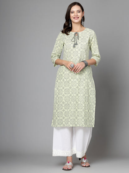 Women Yellow Handblock Printed Tie-Up Neck Kurta - Kashyap Global Lifestyles LLP