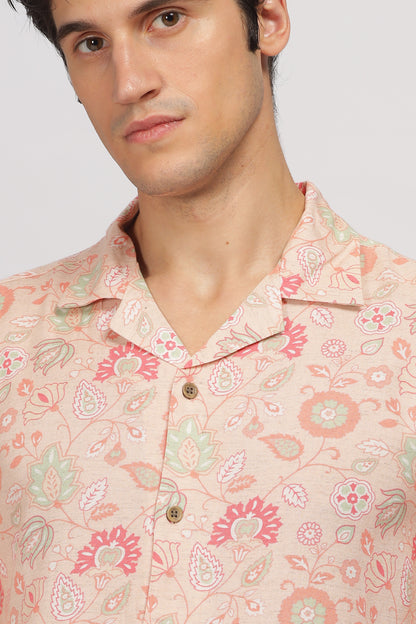 Uri Peach Printed Cuban Collar Shirt - Kashyap Global Lifestyles LLP