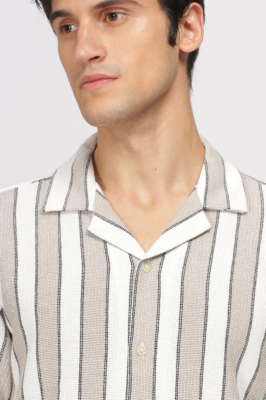 Uri Brown Cuban Collar Matte Weave Shirt