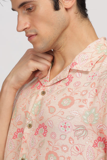 Uri Peach Printed Cuban Collar Shirt - Kashyap Global Lifestyles LLP