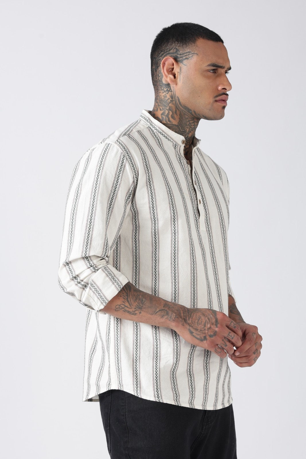 Off White Green Dobby Stripe Short Kurta