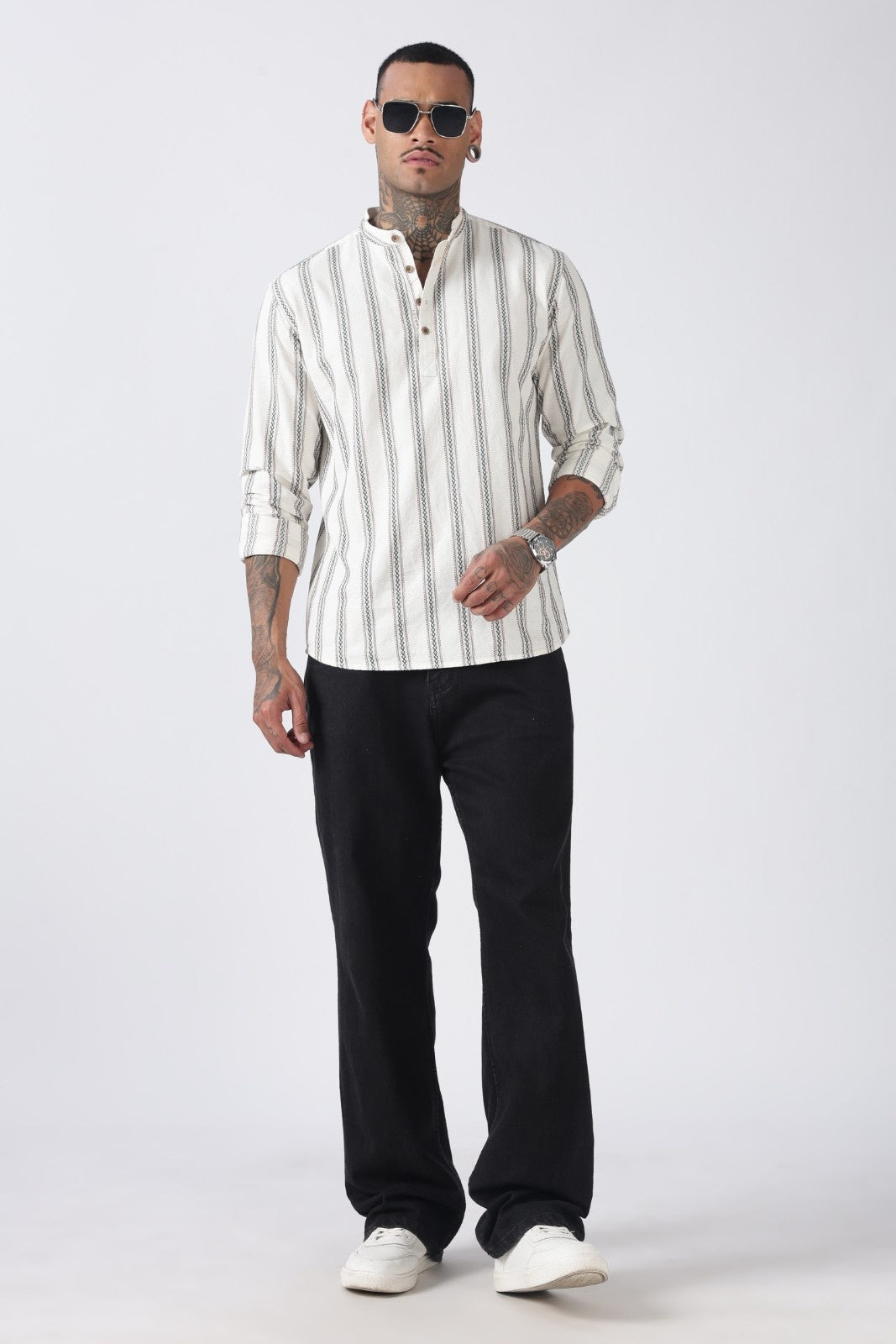 Off White Green Dobby Stripe Short Kurta