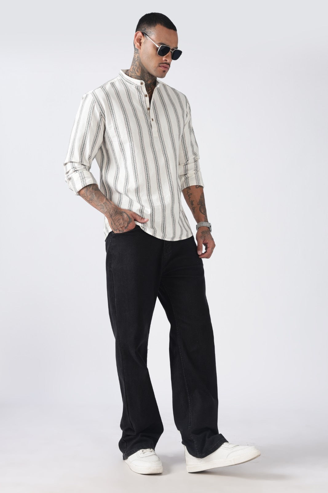 Off White Green Dobby Stripe Short Kurta