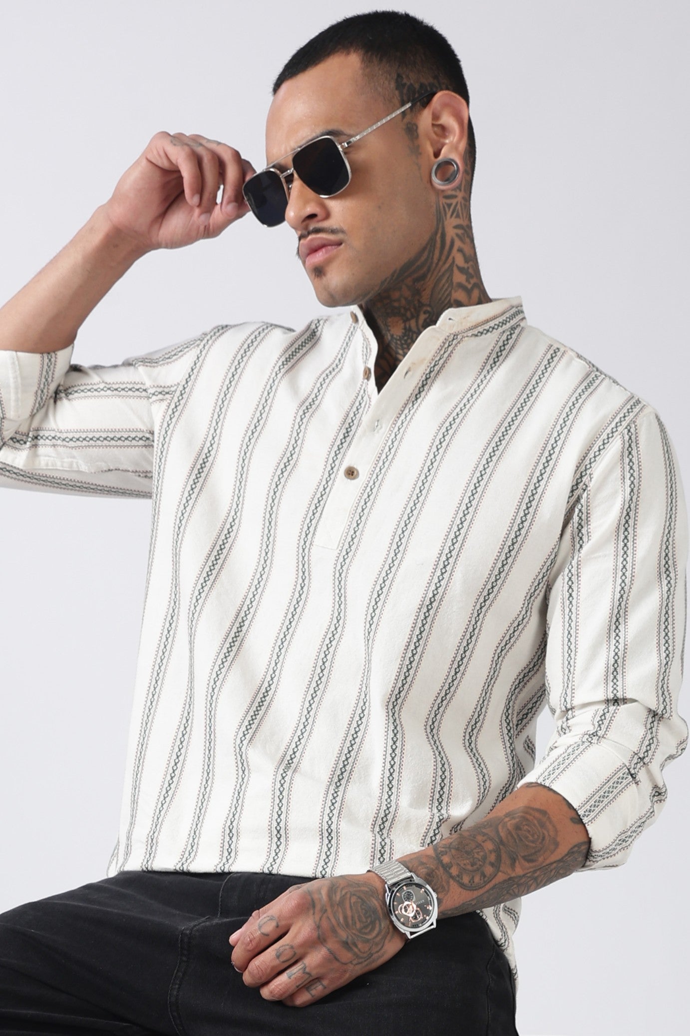 Off White Green Dobby Stripe Short Kurta