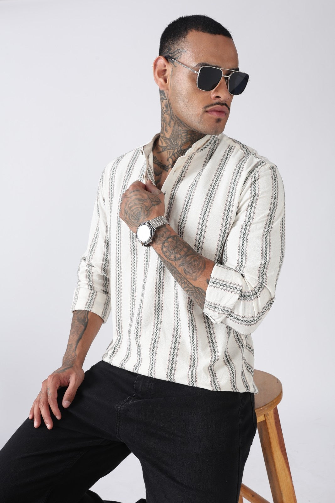 Off White Green Dobby Stripe Short Kurta