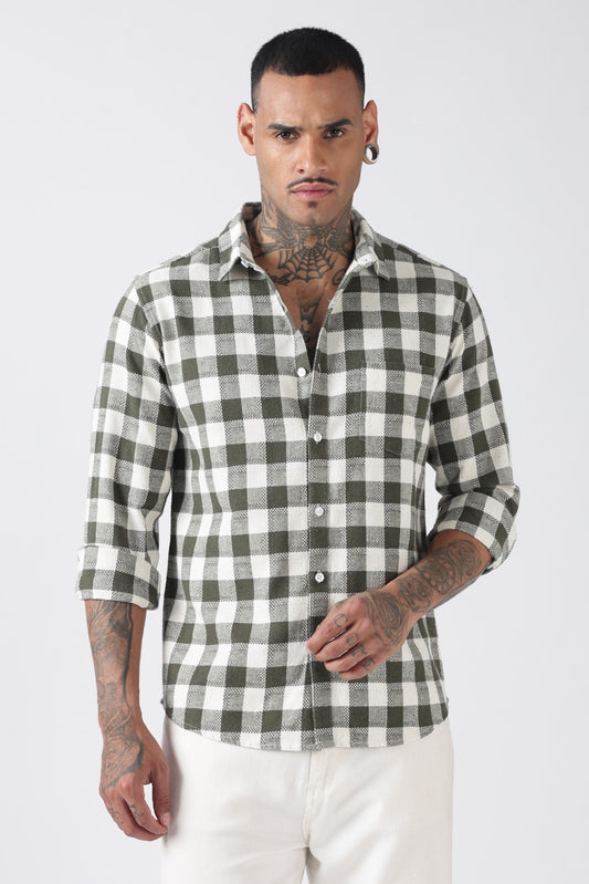 Deep Olive Dobby Check Casual Shirt