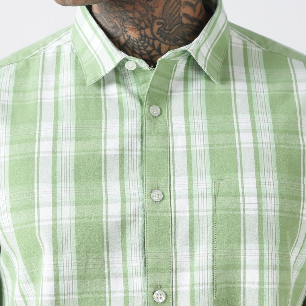 Leaf Green Check Cotton Casual Shirt