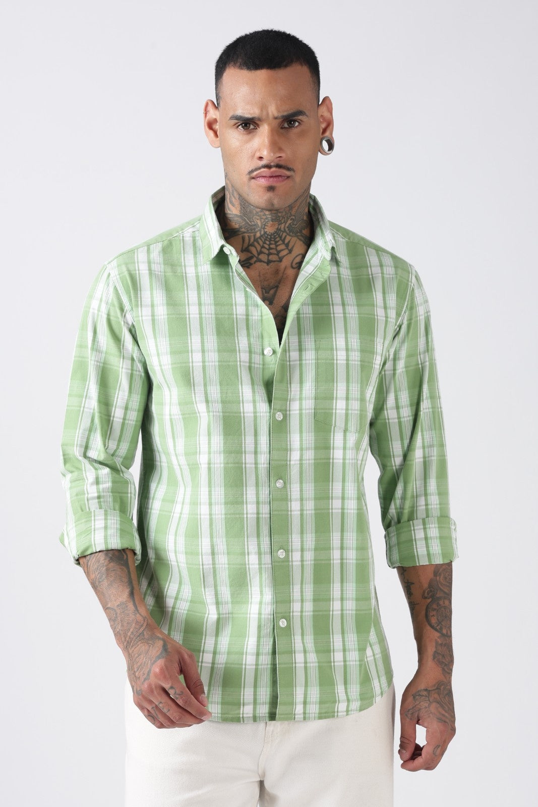 Leaf Green Check Cotton Casual Shirt