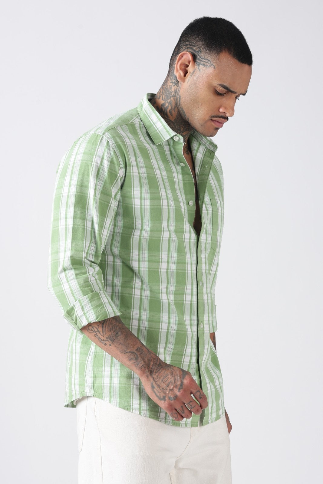 Leaf Green Check Cotton Casual Shirt