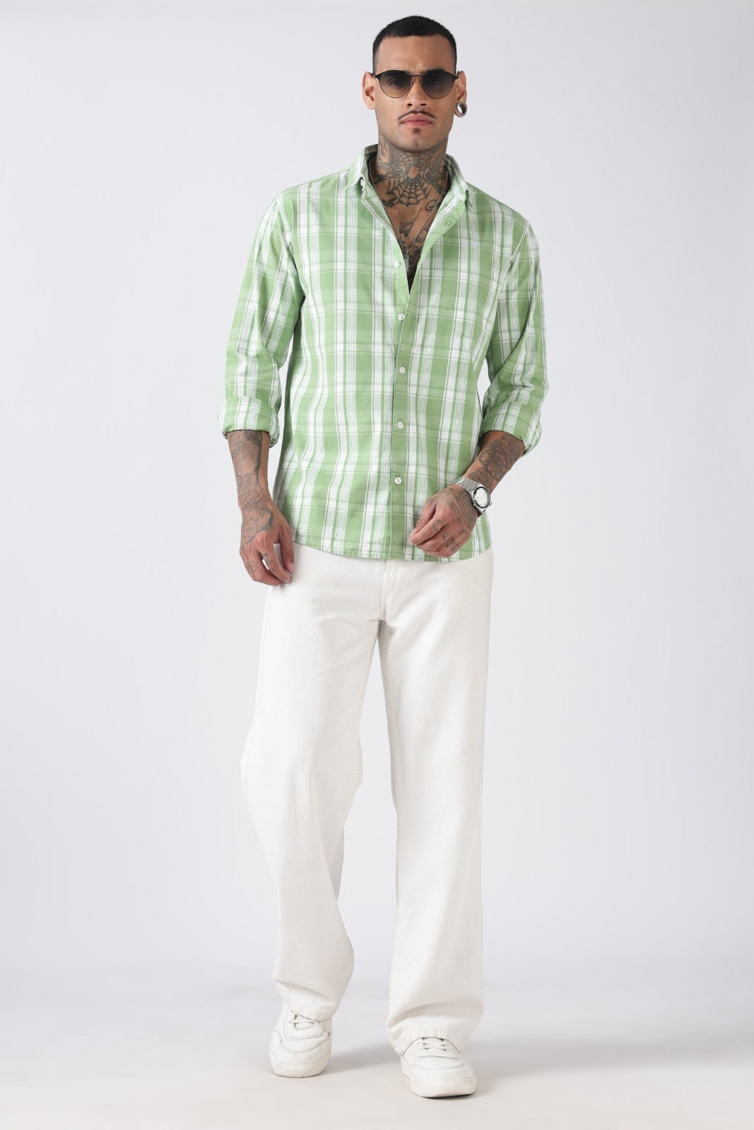 Leaf Green Check Cotton Casual Shirt