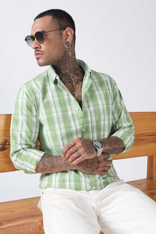 Leaf Green Check Cotton Casual Shirt