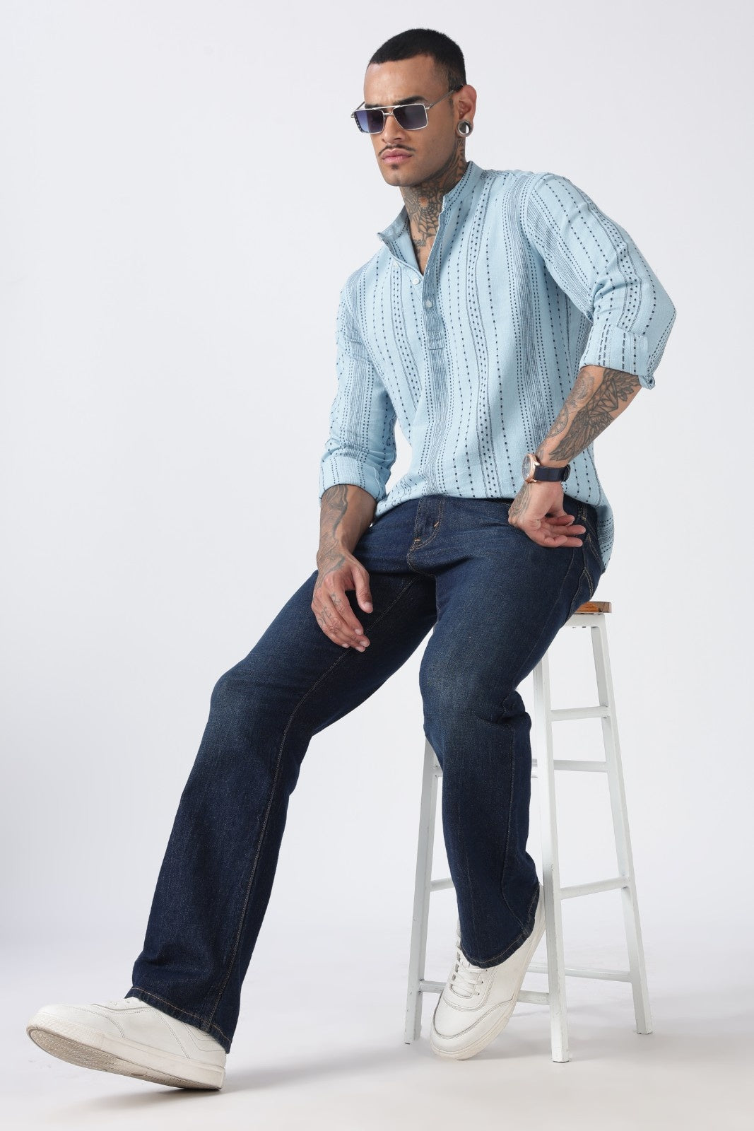 Dusty Blue Dot Embossed Short Kurta