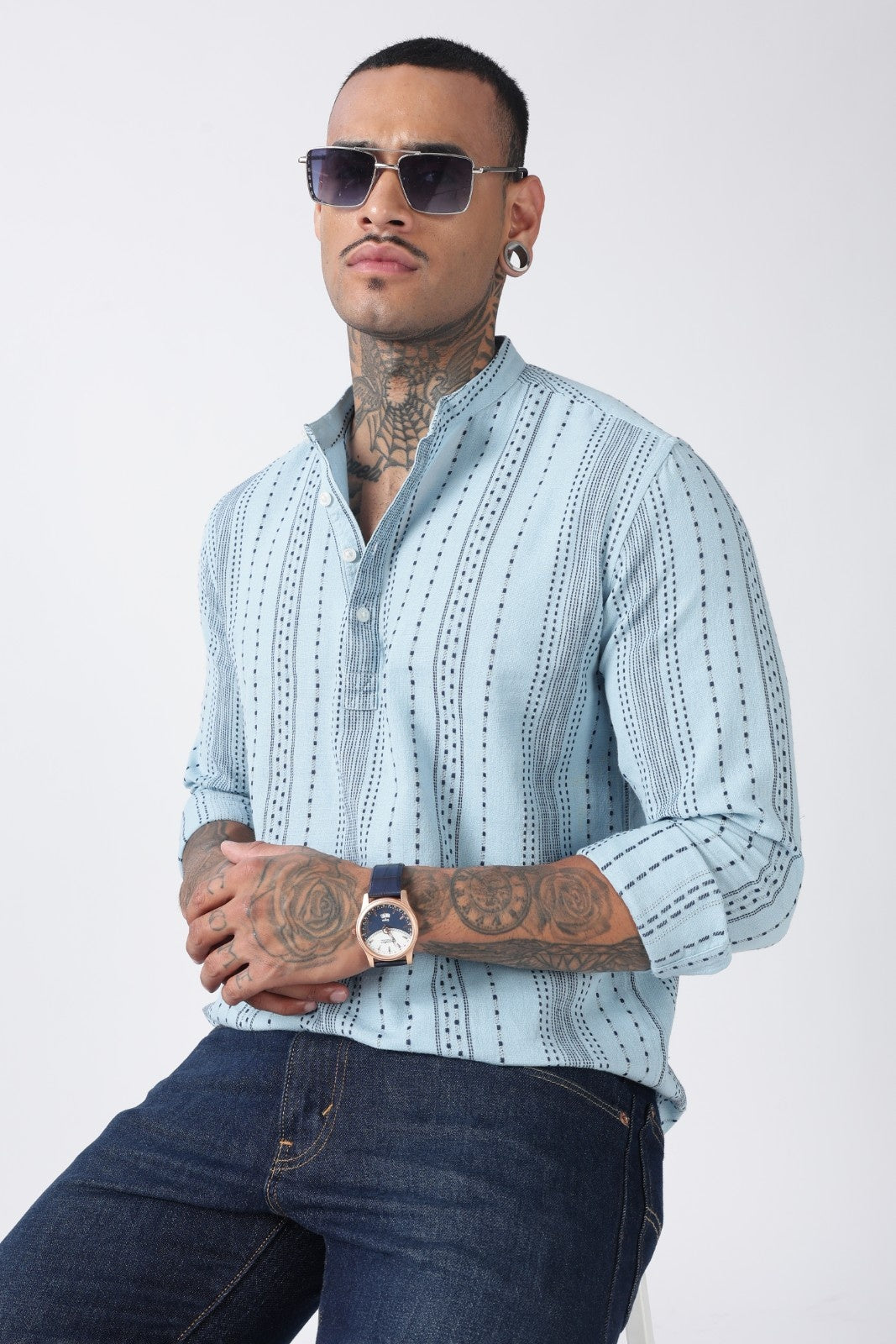 Dusty Blue Dot Embossed Short Kurta