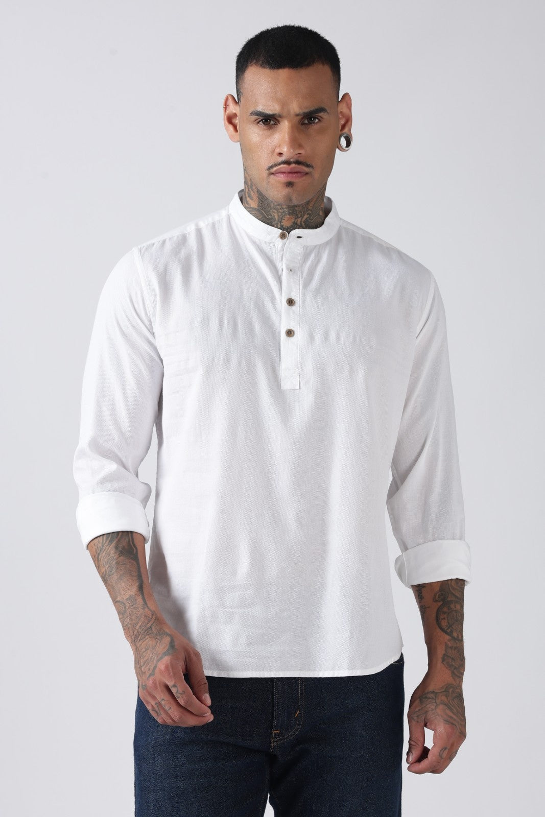 Classic White Textured Short Kurta