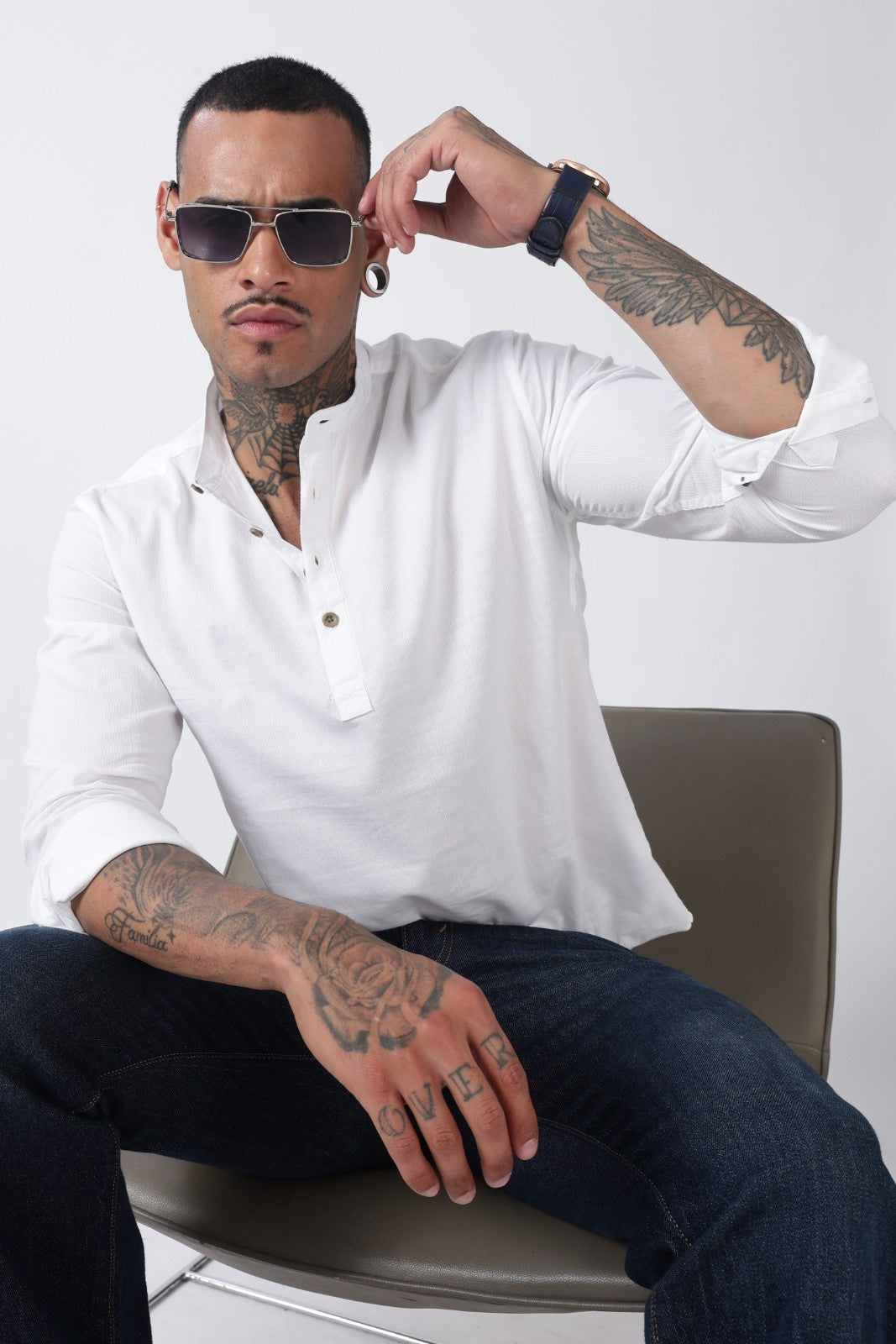 Classic White Textured Short Kurta
