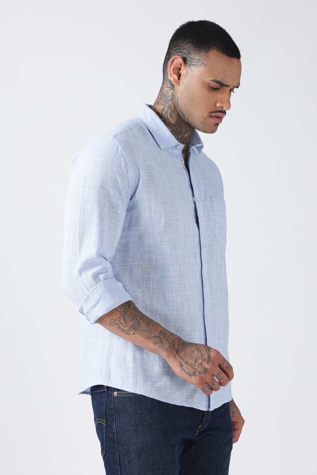 Powder Blue Micro-Check Cotton Shirt
