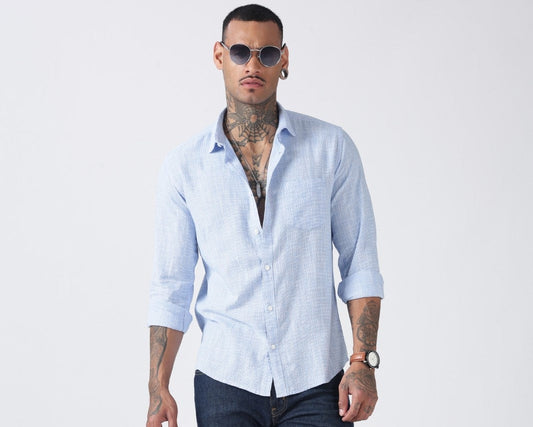 Powder Blue Micro-Check Cotton Shirt