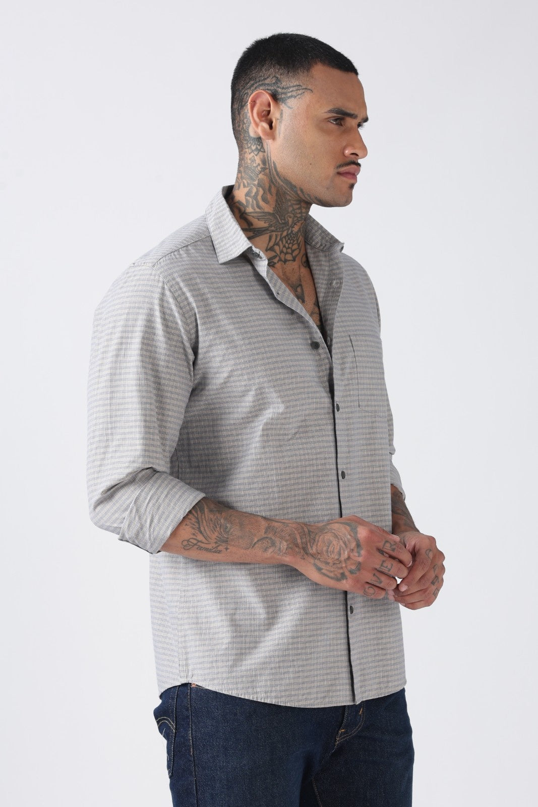 Cloud Grey Micro Check Cotton Shirt