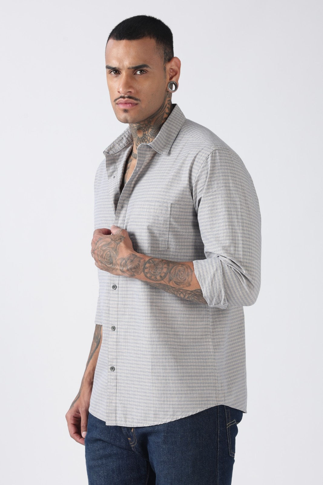 Cloud Grey Micro Check Cotton Shirt