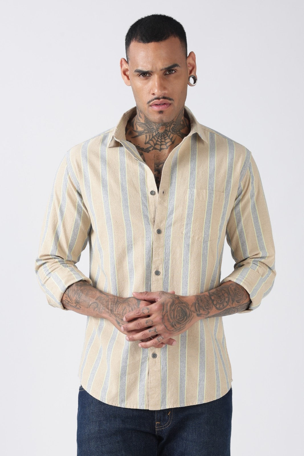 Stone Beige Soft Stripe Casual Shirt