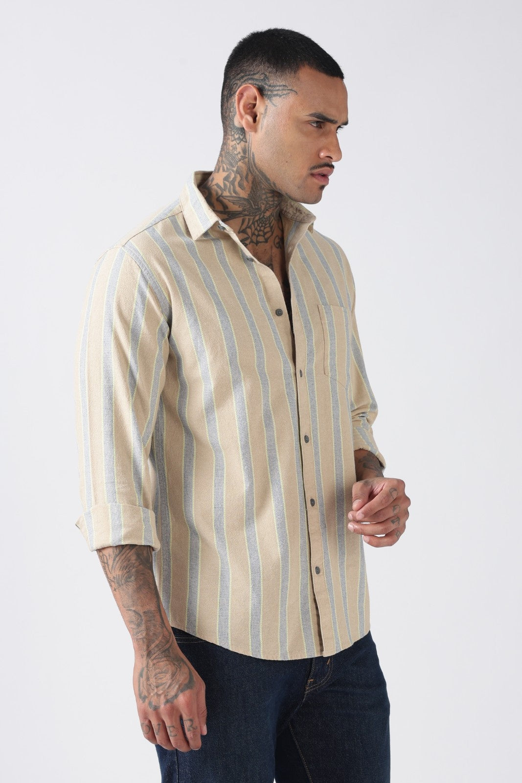 Stone Beige Soft Stripe Casual Shirt