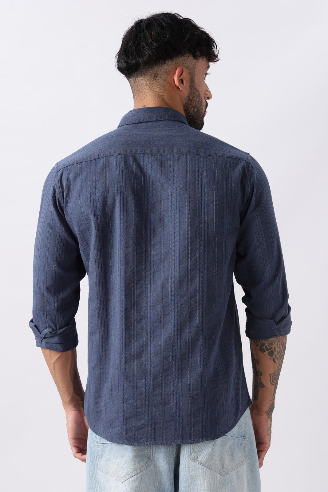 Steel Blue Textured Stripe Cotton Shirt