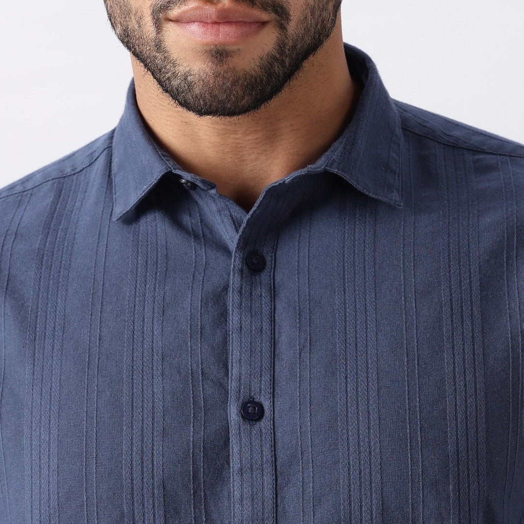 Steel Blue Textured Stripe Cotton Shirt