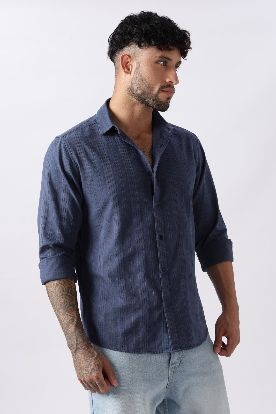 Steel Blue Textured Stripe Cotton Shirt