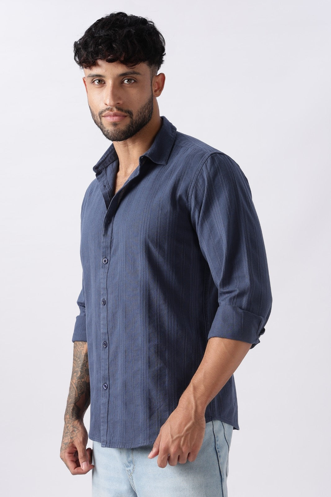 Steel Blue Textured Stripe Cotton Shirt