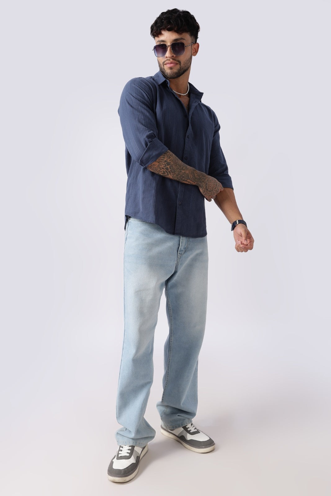 Steel Blue Textured Stripe Cotton Shirt