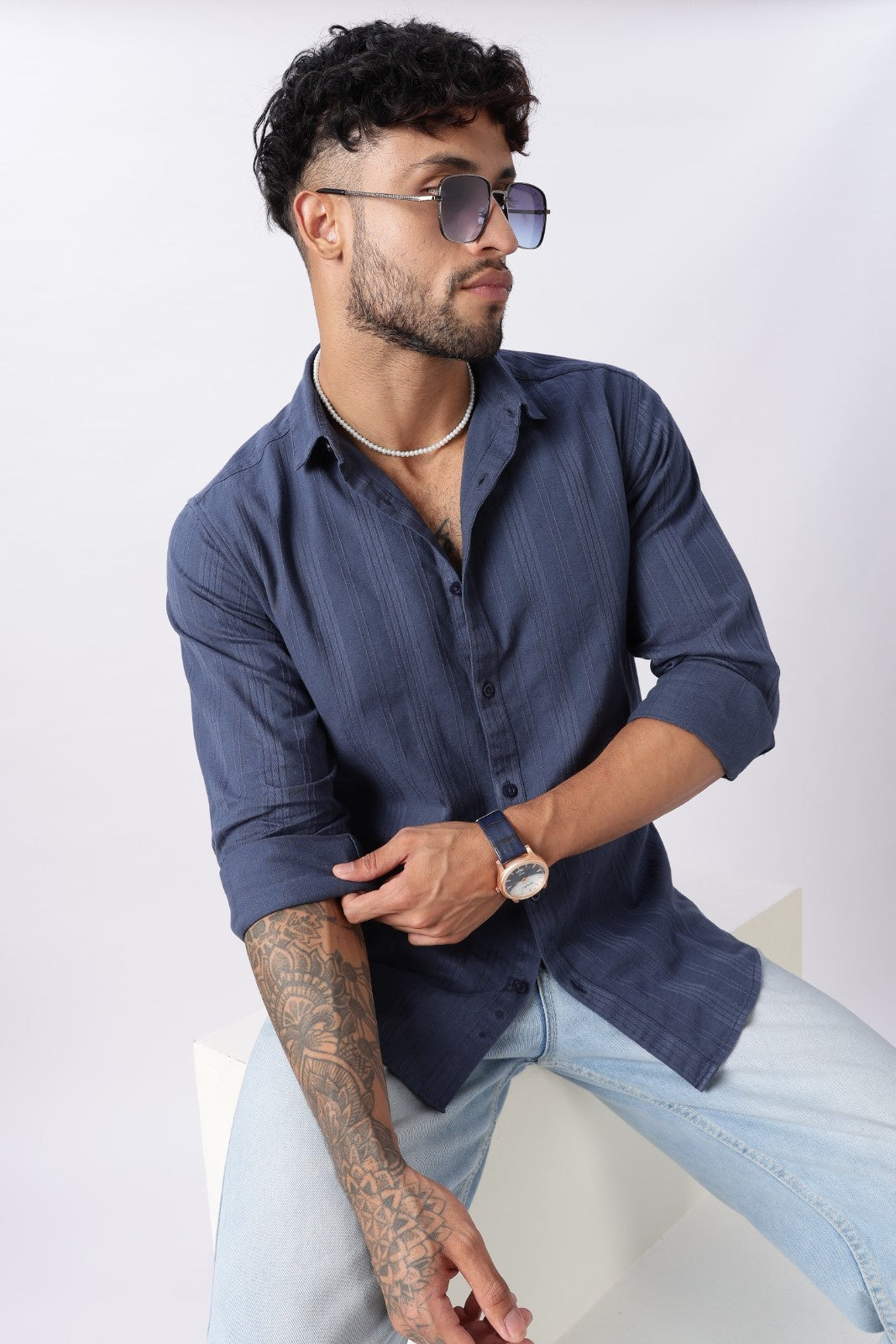 Steel Blue Textured Stripe Cotton Shirt