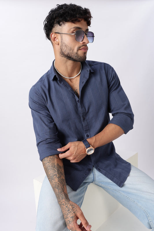 Steel Blue Textured Stripe Cotton Shirt