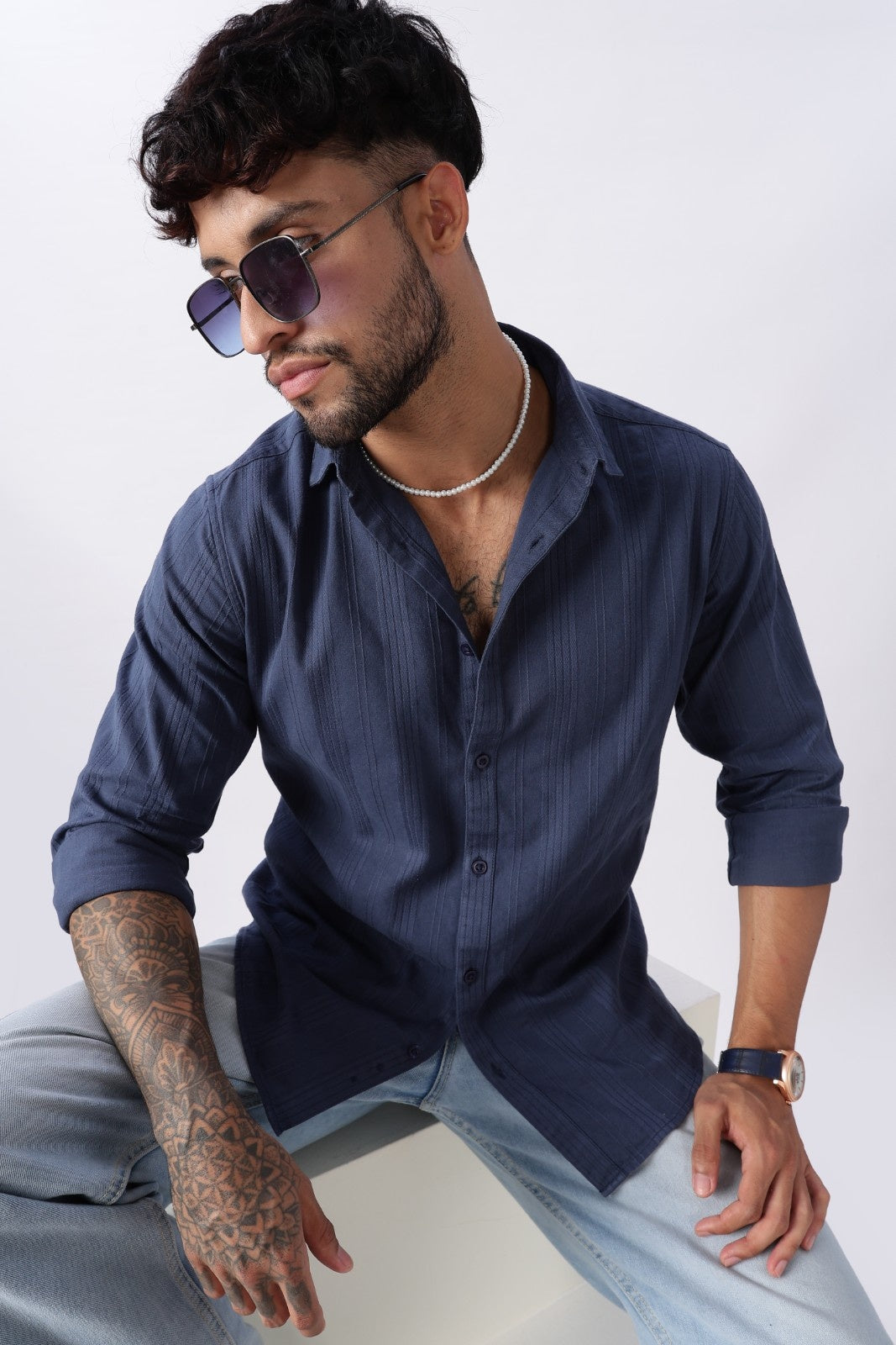 Steel Blue Textured Stripe Cotton Shirt