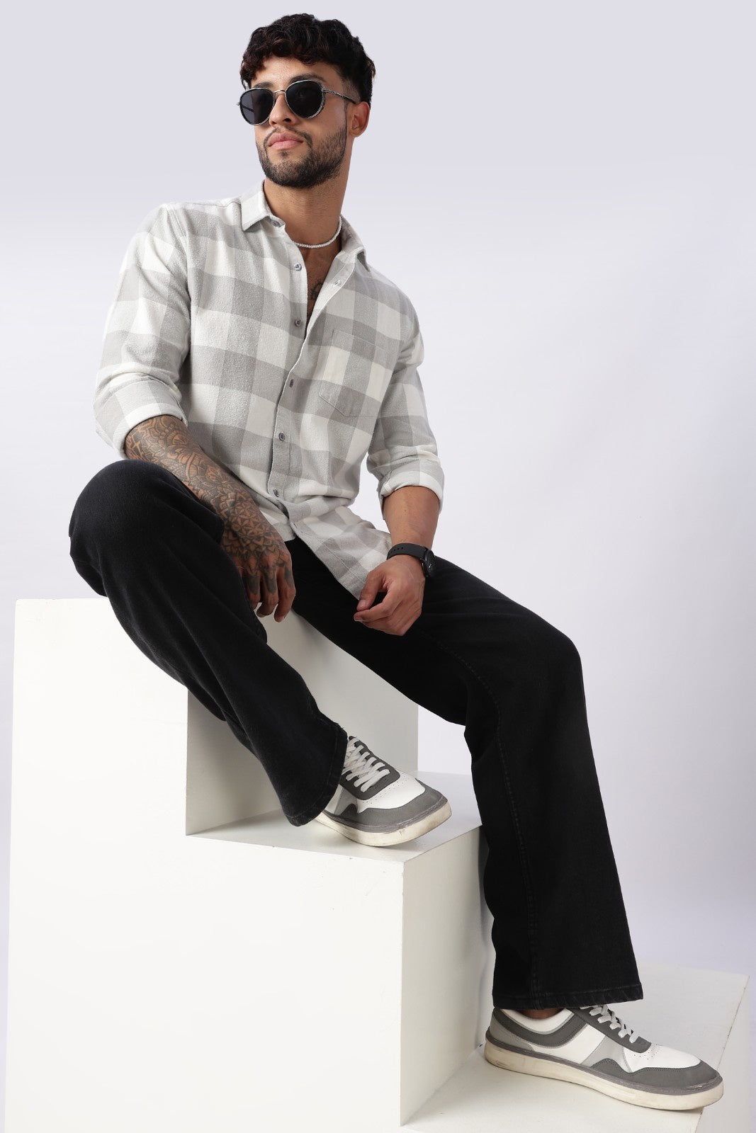 Mist Grey Buffalo Check Casual Shirt